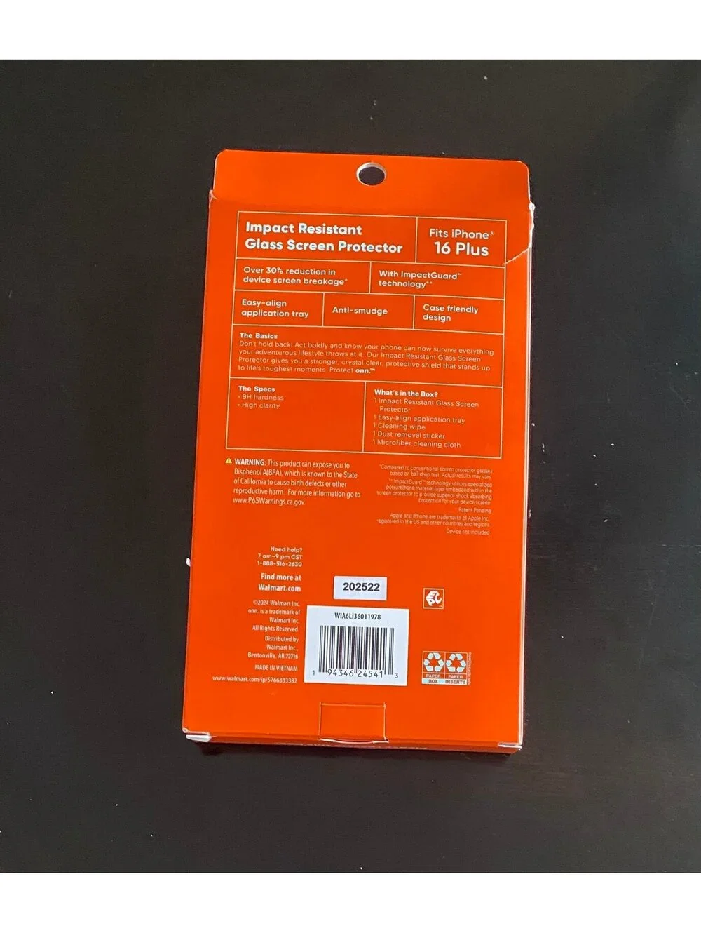 Onn Impact Resistant Glass Screen Protector for iPhone 16 Plus